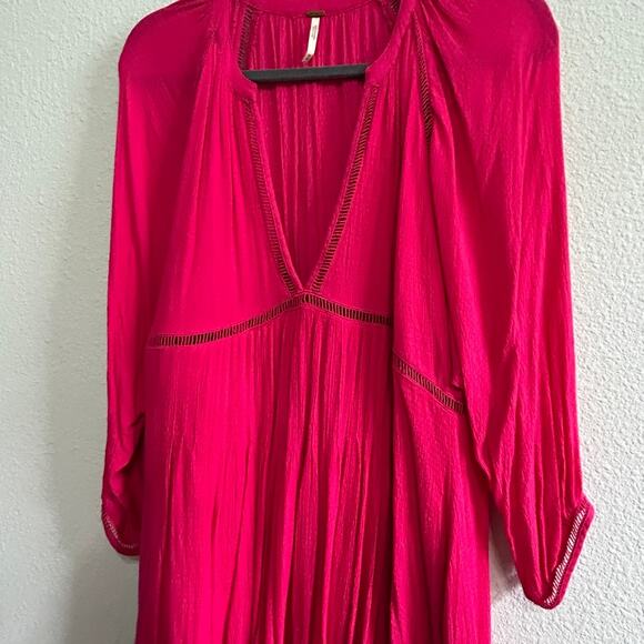 Free People Go Lightly V-Neck Swing Dress Medium Hot Pink Boho Soft Grunge Chic - Picture 10 of 13